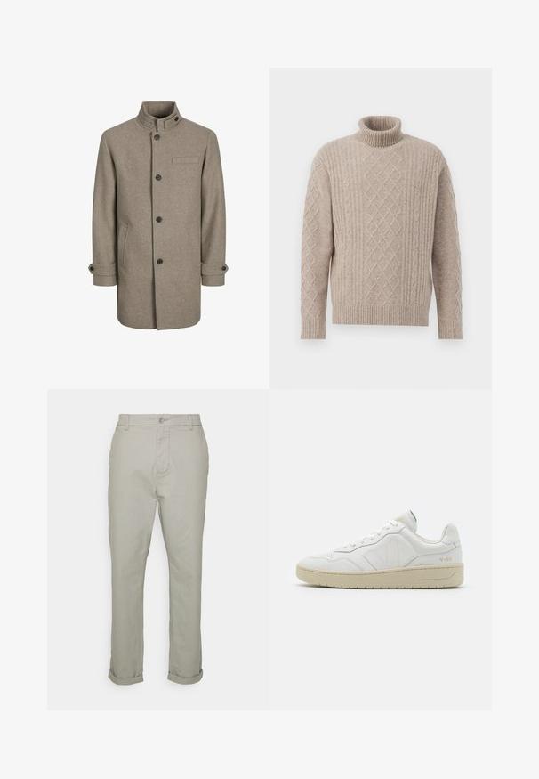 Brun uldfrakke med høj krave, knaplukning, to sidelommer og en brystlomme. Har sorte knapper og rullede manchetter.; Beige polohigh sweater lavet af tekstureret strikstof, med en ribbet krave og diamantkabelstrikmønstre på fronten.; Only & Sons ONSKENT CROPPED PANT - Chino - limestone; Hvide lædersneakers med struktureret overflade og polstret krave. Har en beige gummisål og diskret branding på hælen og siden.