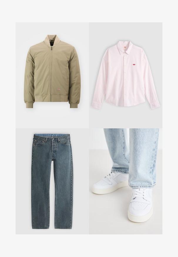 Veste bomber de couleur beige clair avec fermeture éclair à l'avant, poignets côtelés et col doux. Fabriquée en tissu lisse avec un petit écusson logo sur la poitrine.; Chemise rose clair à manches longues, boutonnée avec col et étiquette rouge du logo Levi's sur la poitrine gauche, présentée sur un fond uni.; Jean en denim bleu avec un design classique à cinq poches et une coupe droite, présenté à plat sur un fond clair.; Baskets basses en cuir blanc avec un bout perforé, des lacets plats et un design minimaliste. Associées à un jean en denim bleu clair.
