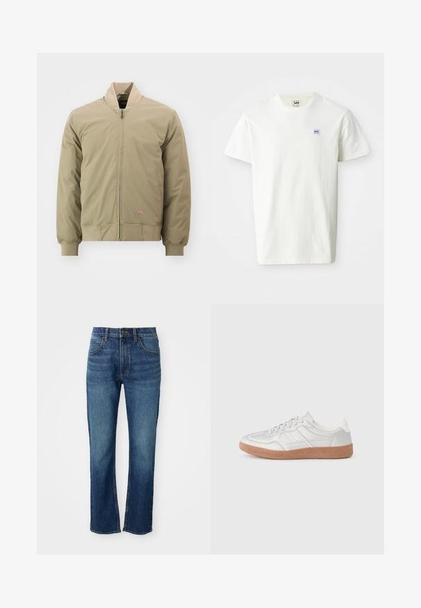 Veste bomber de couleur beige clair avec fermeture éclair à l'avant, poignets côtelés et col doux. Fabriquée en tissu lisse avec un petit écusson logo sur la poitrine.; T-shirt en coton blanc avec un col rond et des manches courtes. Affiche un petit logo rectangulaire en bleu et violet de Lee sur la poitrine gauche.; Jean en denim bleu droit avec une taille mi-haute, fermeture par boutons et poches avant sur un fond uni.; Baskets argentées avec une texture lisse, un design à lacets, des accents perforés et une semelle en caoutchouc marron texturé.