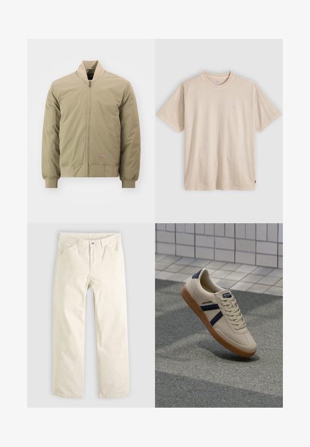 Vaalean khaki-kotka takki, jossa on vetoketj closure, ribbaus hihansuissa ja pehmeä kaulus. Valmistettu sileästä kankaasta, jossa on pieni logo-patch rinnassa.; Beige lyhythihainen pyöreäkaulainen T-paita, jossa hienovarainen Levi’s-logo rinnassa ja pieni punainen lippu sivusaumassa.; Vaaleanbeiget puuvillahousut rentolla istuvuudella, suorat lahkeet ja etutaskut. Varustettu nappikiinnityksellä ja yksinkertaisella, siistillä designilla.; Beige lenkkarit tekstuuripinnalla, tummansinisin raidoilla ja kumipohjalla. Varustettu pehmustetulla kielellä ja perinteisellä nauhoitussysteemillä turvallisen istuvuuden takaamiseksi.