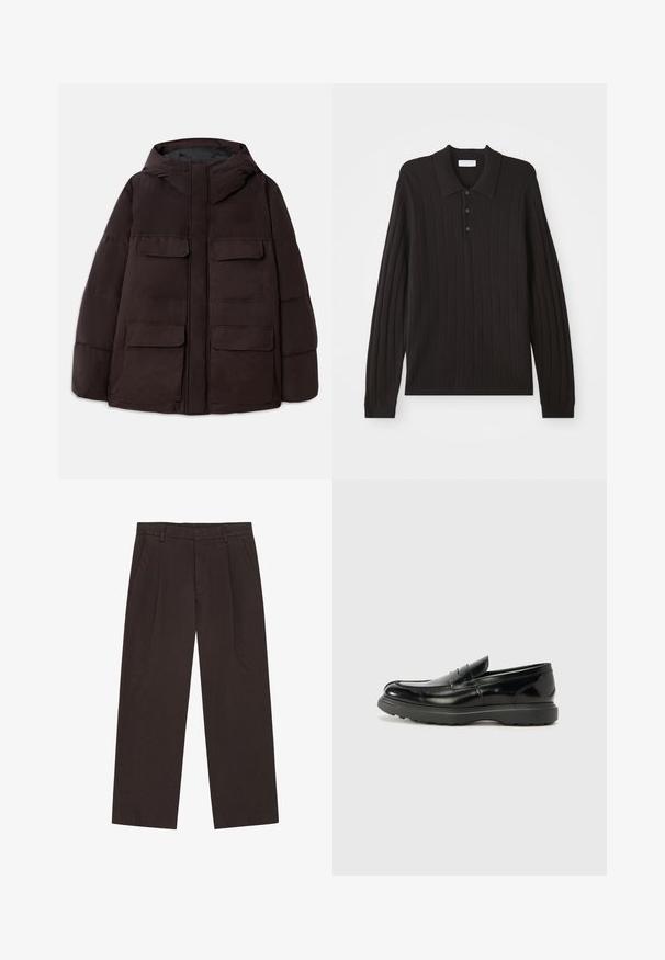 Dondup PUFFIER JACKET - Veste d'hiver - burgundy; Polo noir à manches longues avec une texture côtelée, un col classique et trois boutons de fermeture. Tissu doux avec une coupe ajustée.; Pantalon large marron foncé en tissu texturé. Comprend des plis à l'avant, deux poches latérales et une fermeture éclair avec bouton.; Mocassin en cuir noir avec une finition brillante, bout arrondi, détails de couture subtils et semelle en caoutchouc épaisse pour la durabilité.