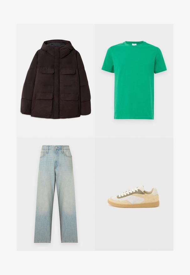 Dondup PUFFIER JACKET - Veste d'hiver - burgundy; T-shirt en coton vert à manches courtes, col rond et texture lisse. Design simple sans motifs ni embellissements.; Jean en denim bleu clair taille haute, coupe droite, avec poches avant, passants de ceinture et fermeture par boutons.; Baskets basses en daim beige, panneaux en maille blanche, accents olive, lacets blancs et semelle en caoutchouc naturel sur fond gris clair.