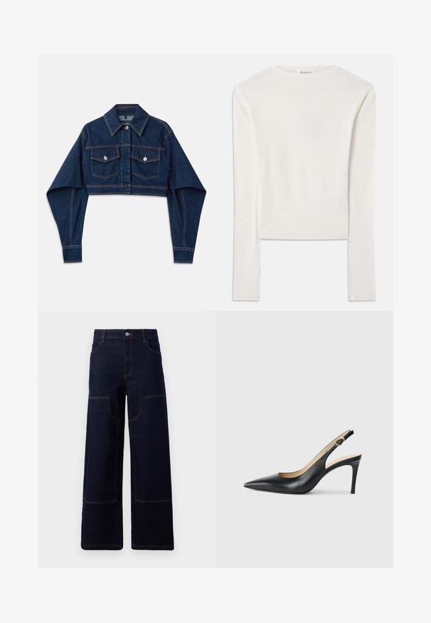 Donkerblauwe cropped denimjas met lange mouwen, twee borstzakken en zilveren knopen. Heeft contrasterende oranje stikseldetails.; Witte lange mouw top van katoen, met een eenvoudige ronde hals en een slim fit. De stof is glad met een lichte stretch.; Donkerblauwe wijde denim jeans met voorpatchzakken en contrasterend oranje stiksel, knoopsluiting bij de taille.; Zwarte leren slingback-hakken met een spitse neus, verstelbare band en een elegante stiletto-hak, met een gladde afwerking.