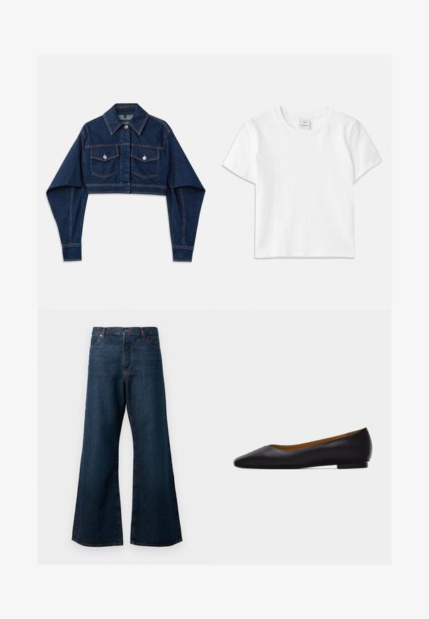 Veste en denim cropped bleu foncé avec des manches longues, deux poches poitrine et des boutons argentés. Présente des détails de surpiqûres orange contrastantes.; T-shirt en coton blanc avec un col rond, des manches courtes et un ourlet droit. Étiquette marquée "Won Hundred" au centre de l'encolure.; Jean large en denim bleu foncé, avec une taille haute, un design à cinq poches et des coutures orange contrastantes le long des coutures.; Chaussure plate en cuir noir à bout pointu avec talon bas et finition lisse, vue de côté sur un fond gris clair.