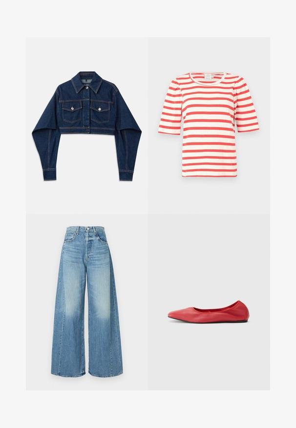Veste en denim cropped bleu foncé avec des manches longues, deux poches poitrine et des boutons argentés. Présente des détails de surpiqûres orange contrastantes.; Haut à manches courtes rayé rouge et blanc avec une texture côtelée et un col rond. Les manches bouffantes ajoutent du volume au design.; Jean en denim bleu clair à jambes larges, doté d'une taille haute, d'un effet délavé et de détails subtils en métal à la taille.; Filippa K REY FLATS - Ballerines - bright red
