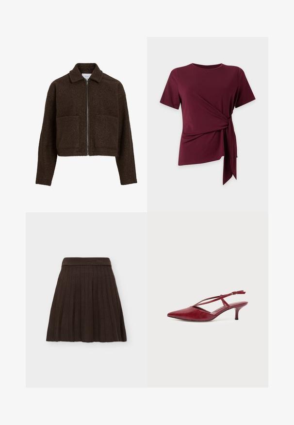 Veste courte en laine brun foncé texturée, manches longues, deux poches avant, col et fermeture éclair argentée à l'avant.; Haut bordeaux à manches courtes avec col rond et détail noué sur le côté créant un ourlet froncé et asymétrique sur un fond uni.; Jupe plissée en maille côtelée marron foncé avec une large ceinture, affichée à plat sur un fond clair.; Chaussure slingback rouge en cuir à bout pointu avec fines brides et petit talon kitten sur fond blanc.