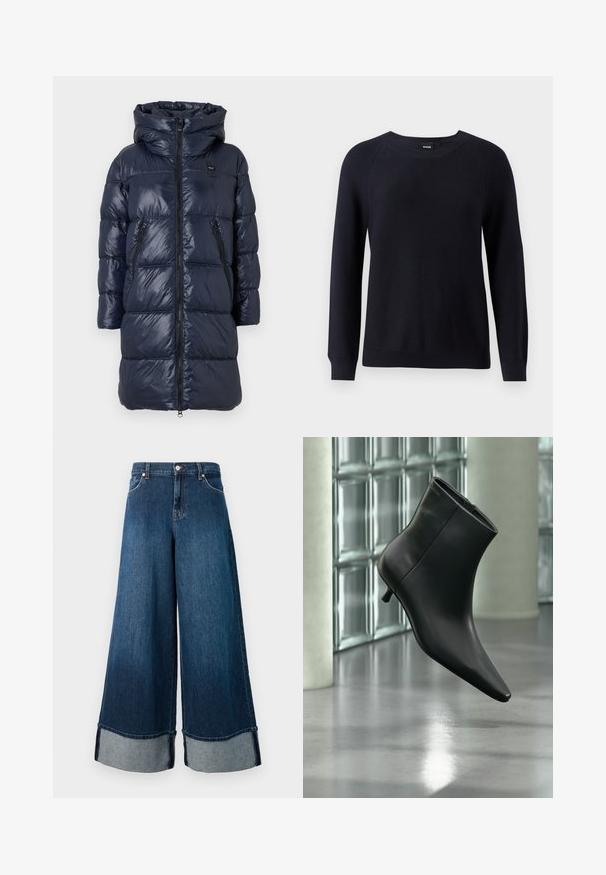 Dunkelblauer Daunenjacke mit Kapuze, ausgestattet mit einem Reißverschluss vorne, zwei Seitentaschen und einem gesteppten Design. Leicht und glänzende Oberfläche.; Marineblauer Strickpullover mit Rundhalsausschnitt, langen Ärmeln und gerippten Bündchen sowie Saum. Strukturiertes Muster über den gesamten Stoff.; Weite Jeans aus Denim in dunkler Waschung mit einem ausgewaschenen Finish. Verfügt über einen rohen Saum und eine hellere Denim-Bündchen. Inklusive Fronttaschen und Knopfverschluss.; Schwarzer Leder-Stiefelette mit spitzer Zehenpartie und niedrigem Kitten-Heel, schräg dargestellt vor einem polierten Boden und einer Glasbausteinwand.