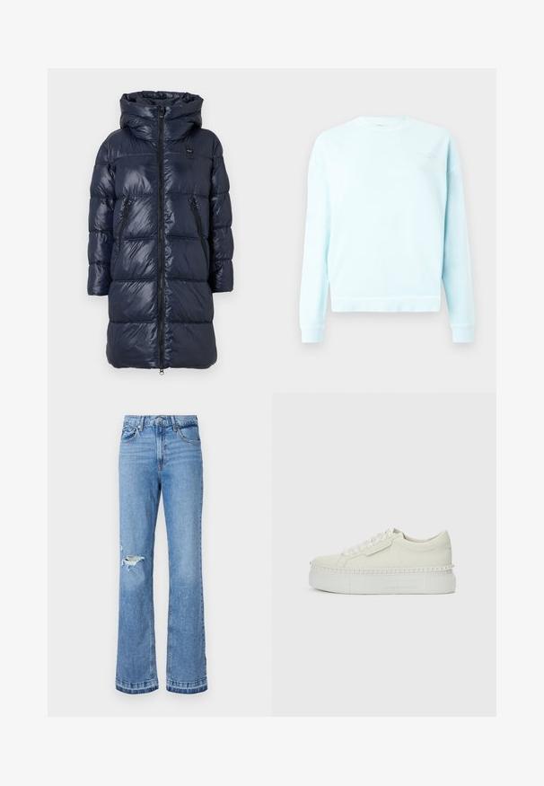 Marineblå dunjakke med hætte, med lynlås fortil, to sidelommer og et kviltet design. Letvægts, blank finish.; Lys blå sweatshirt lavet af blødt stof. Har en rund halsudskæring, ribbede manchetter og kant, med et diskret logo på forsiden.; Lysblå denim flared jeans med høj talje, der har et hul på højre knæ og syninger langs sømmene og kanten.; Hvid platform-sneaker med perlebesætning rundt om sålen og satinbånd som snørebånd på en ensfarvet hvid baggrund.