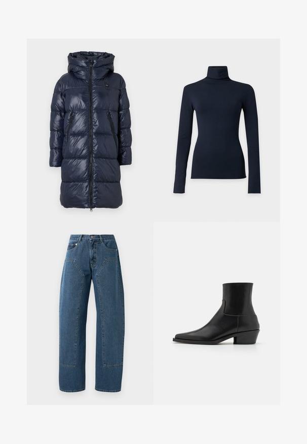 Dunkelblauer Daunenjacke mit Kapuze, ausgestattet mit einem Reißverschluss vorne, zwei Seitentaschen und einem gesteppten Design. Leicht und glänzende Oberfläche.; Marineblaues langärmliges Rollkragenoberteil mit figurbetonter Silhouette, gezeigt auf einem einfarbigen hellgrauen Hintergrund.; Blaue Jeans aus Denim mit weitem Bein, großen aufgesetzten Taschen vorne, Knopfverschluss und Gürtelschlaufen.; Schwarze Leder-Ankle-Boots mit eckiger Spitze, matter Oberfläche und niedrigem Blockabsatz. Verfügt über ein glattes, stromlinienförmiges Design ohne Verzierungen.