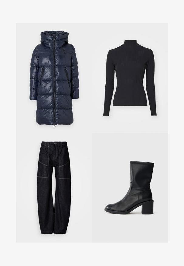 Dunkelblauer Daunenjacke mit Kapuze, ausgestattet mit einem Reißverschluss vorne, zwei Seitentaschen und einem gesteppten Design. Leicht und glänzende Oberfläche.; Schwarzes, geripptes Rollkragenoberteil mit langen Ärmeln. Aus dehnbarem Stoff mit figurbetonter Passform und hohem Kragen. Einfaches Design ohne Verzierungen.; Dunkelblaue, weit geschnittene Denim-Hosen mit mehreren Vorder Taschen, kontrastierenden Nähten und einem Knopfverschluss an der Taille. Glatte Textur und lässiges Design.; Schwarze Leder-Ankle Boots mit runder Zehenform, glatter Oberfläche und dicker Absatz, ausgestattet mit einem eng anliegenden Schaft und subtilen Nähten.