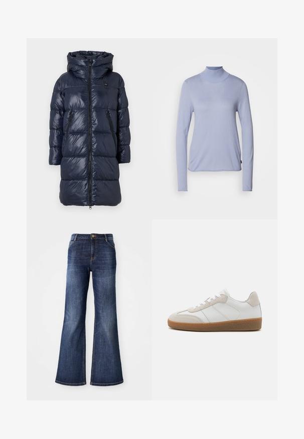 Dunkelblauer Daunenjacke mit Kapuze, ausgestattet mit einem Reißverschluss vorne, zwei Seitentaschen und einem gesteppten Design. Leicht und glänzende Oberfläche.; Hellblauer, langärmliger Rollkragenpullover aus weichem Stoff, mit taillierter Passform und glatter Textur. Minimalistischer Stil ohne Muster.; Dunkelblaue, ausgestellte Jeans aus Denim mit einem Frontknopfverschluss, zwei Fronttaschen und minimaler Ausbleichung an den Oberschenkeln und dem Saum.; Weiße Leder-Sneaker mit beige Suede-Akzenten, strukturiertem Zungenbereich und Gummisohle. Verfügt über weiße Schnürsenkel und dezente eingestickte Details.