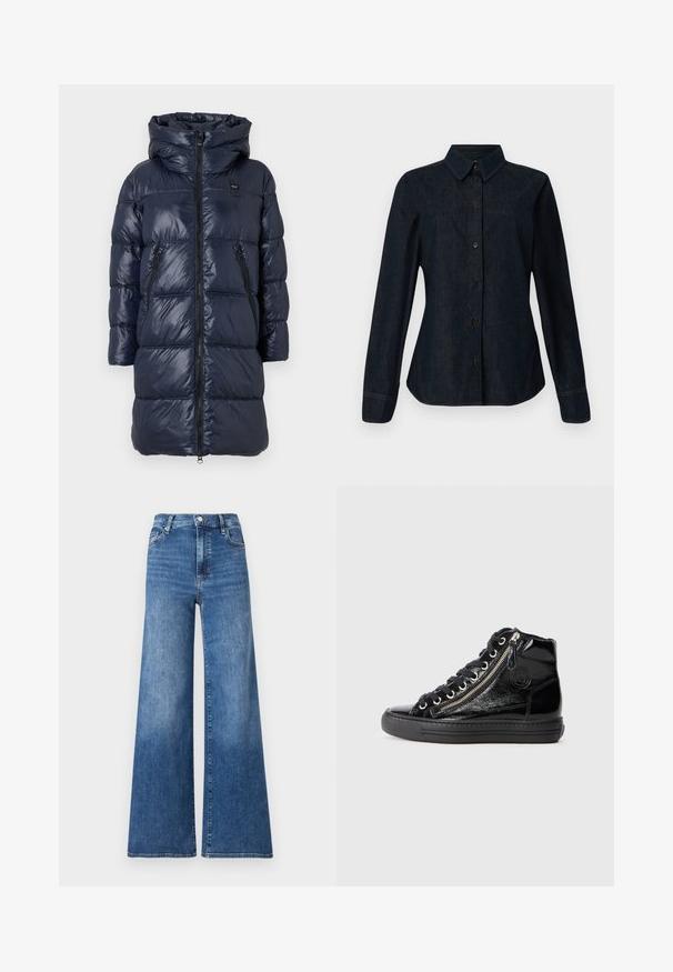 Marineblauwe pufferjack met een capuchon, voorzien van een ritssluiting aan de voorkant, twee zijzakken en een gestikt ontwerp. Lichtgewicht, glanzende afwerking.; CLOSED SEAMING SHIRT - Overhemdblouse - dark blue; Blauwe denim jeans met wijde pijpen en een hoge taille, met een knoopsluiting, voorkruiken en subtiele vervaging voor textuur.; Zwarte high-top sneakers met een glanzende lakafwerking, voorzien van een zijrits, vetersluiting en een rubberen zool met textuuraccenten.