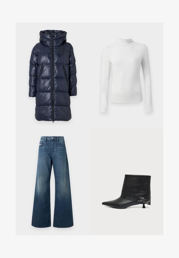 Marineblå dunjakke med hætte, med lynlås fortil, to sidelommer og et kviltet design. Letvægts, blank finish.; Hvid langærmet turtleneck top lavet af et struktureret, glitrende materiale. Har en tætsiddende pasform og en høj halsudskæring.; Vidbenede jeans i mørkeblå denim med en falmet finish, traditionelt design med fem lommer og en metal knaplukning i taljen.; Sort læderankelstøvle med spids tå, kort kittenhæl og sølvfarvet skriftlig detalje nær hælen.