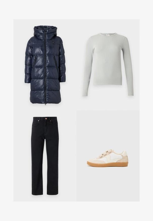 Marineblå dunjakke med hætte, med lynlås fortil, to sidelommer og et kviltet design. Letvægts, blank finish.; Lysegrå ribstrikket langærmet t-shirt med rund hals, tætsiddende pasform og et lille stofmærke med mærke inde i halsudskæringen.; Sorte denim jeans med lige ben, fem-lomme design, kobberknap detaljer og minimal syning synlig.; Sneakers i hvid og beige læder med nubuck-detaljer, der har en rund tå, tre velcrobånd og en gummisål.