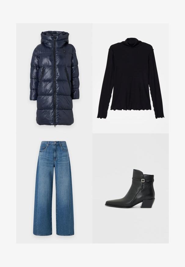 Marineblauwe pufferjack met een capuchon, voorzien van een ritssluiting aan de voorkant, twee zijzakken en een gestikt ontwerp. Lichtgewicht, glanzende afwerking.; Rodebjer CISNE - Longsleeve - black; Wijdvallende blauwe jeans met een gemiddelde wassing, met een hoge taille, vijf zakken en subtiele whiskers. Gemaakt van denim met een gladde textuur.; Zwarte leren enkelboots met een puntige neus, een lage blokhak en een decoratieve band met een zilveren gespaccent. Glad oppervlak.