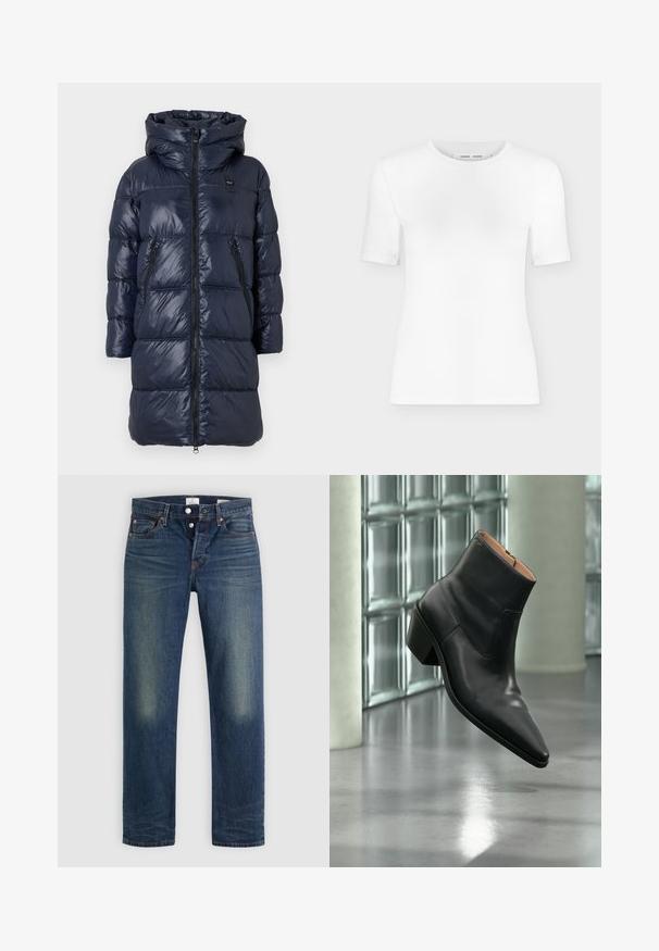 Dunkelblauer Daunenjacke mit Kapuze, ausgestattet mit einem Reißverschluss vorne, zwei Seitentaschen und einem gesteppten Design. Leicht und glänzende Oberfläche.; Weißes T-Shirt mit kurzen Ärmeln und Rundhalsausschnitt, schlanker Passform und gerippter Stoffstruktur, dargestellt vor einem schlichten hellgrauen Hintergrund.; Blaue Denim-Jeans mit klassischem geradem Bein, Knopfverschluss und leichten Ausbleichungen an den Oberschenkeln. Keine sichtbaren Verzierungen.; Schwarzer Leder-Stiefelette mit spitzer Schuhspitze und Blockabsatz, der über einem reflektierenden grauen Boden nahe einer Glassteinwand schwebt.