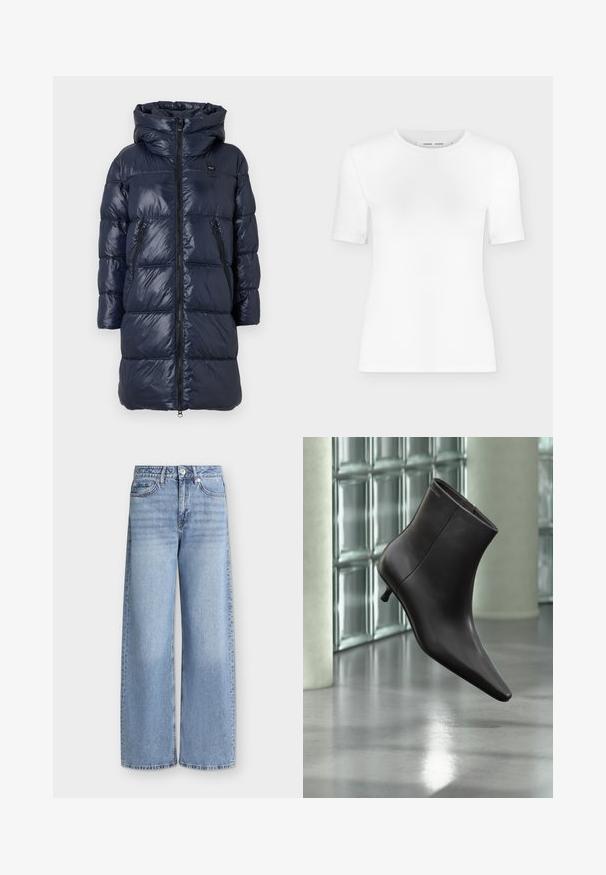 Dunkelblauer Daunenjacke mit Kapuze, ausgestattet mit einem Reißverschluss vorne, zwei Seitentaschen und einem gesteppten Design. Leicht und glänzende Oberfläche.; Weißes T-Shirt mit kurzen Ärmeln und Rundhalsausschnitt, schlanker Passform und gerippter Stoffstruktur, dargestellt vor einem schlichten hellgrauen Hintergrund.; Hellblaue Jeans mit weitem Bein, vorderen Taschen, Gürtelschlaufen, Knopfverschluss und verblassten Details an den Oberschenkeln.; Schwarzer Leder-Knöchelstiefel mit spitzer Spitze und kleinem Absatz vor einer Wand aus Glasbausteinen und einem polierten Boden.