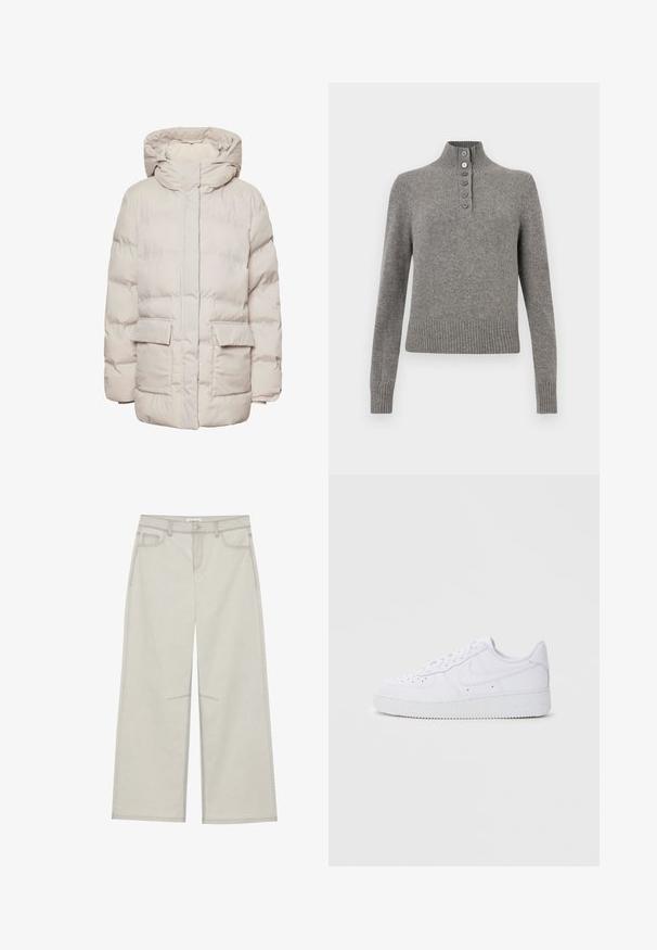 Pieces Puffer PCNORMA - Wintermantel - silver gray; Grijze gebreide trui met een hoge geribbelde kraag, voorzien van een gedeeltelijke knoopsluiting en geribbelde zoom en manchetten voor een aansluitende look.; Lichtgrijze wijde broek met vijf zakken, sluiting met een knoop aan de voorkant en contrasterende stiksels langs de naden. De stof lijkt zacht en duurzaam te zijn.; Witte Nike Air Force 1 sneakers met een leren bovenwerk, ronde neus, vetersluiting, gewatteerde kraag en textuurrubberzool.