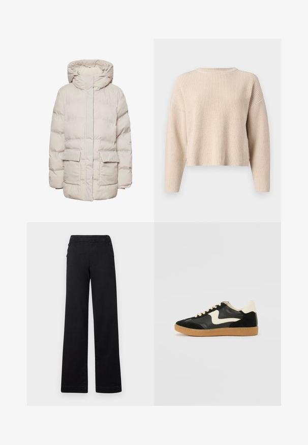 Pieces Puffer PCNORMA - Wintermantel - silver gray; Beige gebreide trui met een ronde hals, lange mouwen en een relaxte pasvorm. Kenmerkt een geribbelde textuur en een cropped zoom.; Zwarte wijde broek met hoge taille, knoopaccenten aan de zijkanten en een gladden denim textuur met een nette afwerking.; Zwarte suède en leren sneaker met een crèmekleurige zij-swoosh en lichte crèmekleurige hiel. Voorzien van beige veters en een gumrubberen zool.