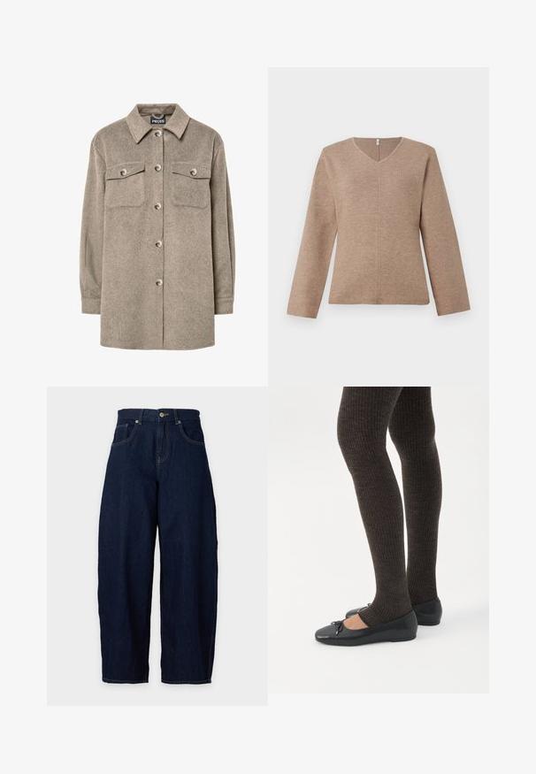 Fleece-skjortejakke i lys brun med knaplukning foran, to brystlommer og klassisk krave. Blød tekstur, lange ærmer og lige kant.; V-hals striktrøje i lysebrunt strikket stof, med lange ærmer og en central sømdetalje for en afslappet pasform. Glat tekstur, minimalistisk design.; Mørkeblå vidde cowboybukser med forreste knap- og lynlås lukning, bæltestropper og forlommer mod en lys baggrund.; Ben iført mørke ribbede leggings kombineret med sorte balletsko med små sløjfedetaljer på hvid baggrund.