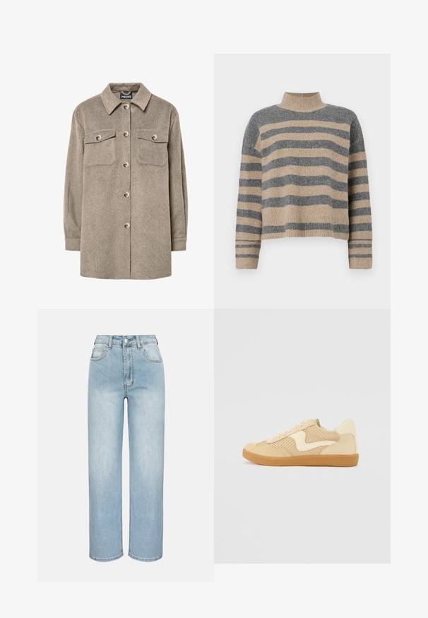 Fleece-skjortejakke i lys brun med knaplukning foran, to brystlommer og klassisk krave. Blød tekstur, lange ærmer og lige kant.; Striktrøje med striber i grå og beige farver, høj hals, brede manchetærmer og en afslappet pasform med et cropped design.; Lyseblå jeans med høj talje og lige ben, foran med knapper, lynlås, bæltestropper og fem-lomme-design på en ensfarvet baggrund.; Beige sneakers med ruskind og mesh-materialer, rund form, fremtrædende polstret krave og en gummikondisko. Har et bølge-design som accent.