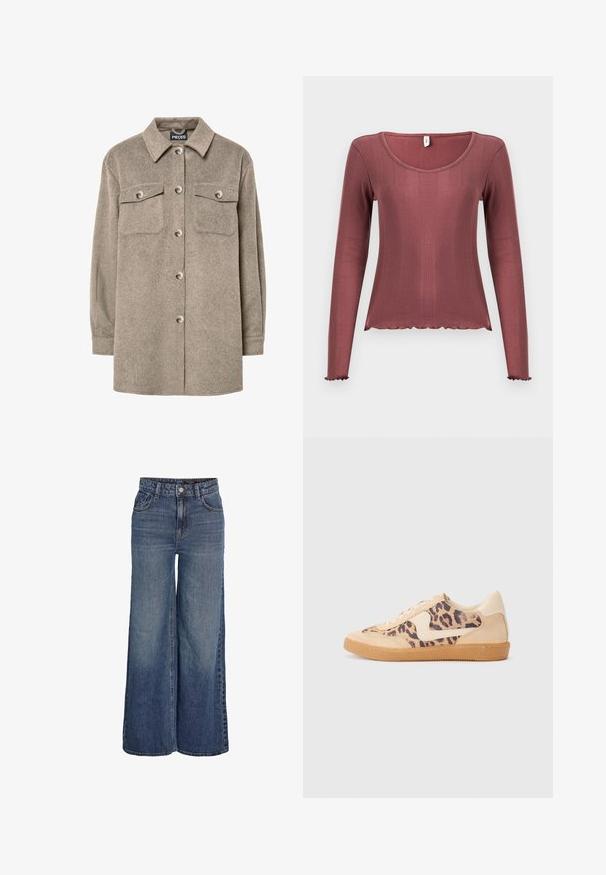 Fleece-skjortejakke i lys brun med knaplukning foran, to brystlommer og klassisk krave. Blød tekstur, lange ærmer og lige kant.; Langærmet top i støvet rosa med ribbet tekstur, rundudskæring, bølget kant forneden og ved manchetten, lavet af blødt strikmateriale.; Blå denimjeans med høj talje og vide ben, foran knapper, lynlås, bæltestropper og forlommer, vist på hvid baggrund.; Leopardprint sneakers med beige ruskindsoverdel, tan gummisål og hvide detaljer. Rund pegefinger og snørebåndsdesign med en tekstureret finish.