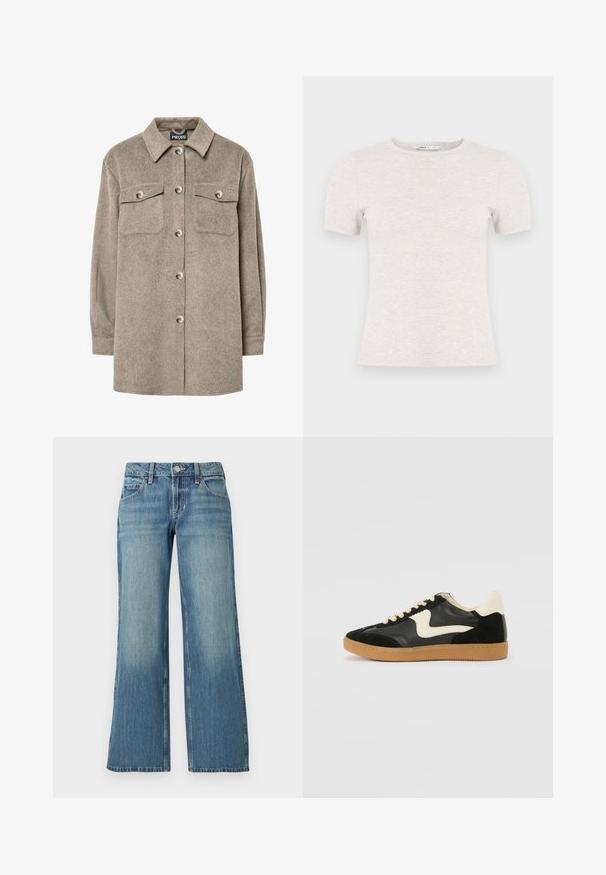Fleece-Hemdjacke in Hellbraun mit Knopfleiste, zwei Brusttaschen und klassischem Kragen. Weiche Textur, lange Ärmel und gerader Saum.; Hellgraues, kurzärmliges T-Shirt aus Rippstoff mit Rundhalsausschnitt. Schlichtes Design, glatte Textur, keine sichtbaren Muster oder Akzente.; Hellblaue Jeans aus Denim mit weitem Bein, mittelhohem Bund, Taschen vorne und dezentem Color-Fading, mit glatter Textur.; Schwarze Wildleder- und Leder-Sneaker mit einem cremefarbenen Seiten-Swoosh und einer hellcremefarbenen Ferse. Ausgestattet mit beige Schnürsenkeln und einer Gummilaufsohle.