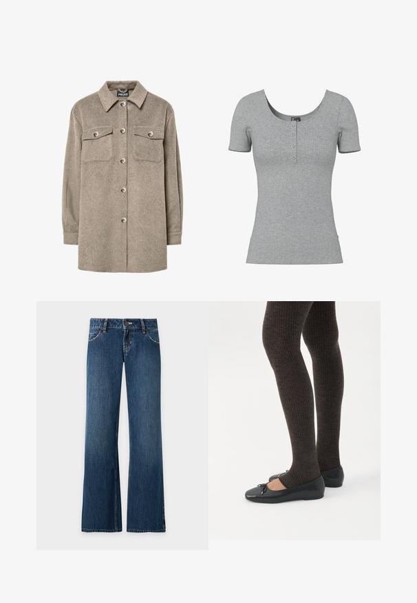 Fleece-skjortejakke i lys brun med knaplukning foran, to brystlommer og klassisk krave. Blød tekstur, lange ærmer og lige kant.; Grå ribbet kortærmet top med en rund Halsudskæring og fire små knapper ned foran midt på.; Blå straight-leg denimjeans med forlommer, bæltestropper, knaplukning og synlige sømme på en ensfarvet lys baggrund.; Ben iført mørke ribbede leggings kombineret med sorte balletsko med små sløjfedetaljer på hvid baggrund.
