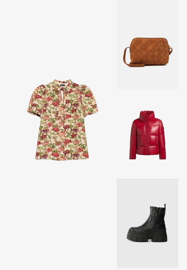 Rode pufferjack met een hoge kraag, glanzende afwerking, gewatteerd ontwerp en een ritssluiting aan de voorkant. Heeft een zak aan de linkerzijde met een klein logopatch.; Korte mouwen blouse met roze en rode rozenprint, opgepofte schouders en een voorknoopsluiting op een crèmekleurige achtergrond.; Zwarte enkelboots van glad leer, met een chunky platformzool, een ritssluiting aan de voorkant en getextureerde stiksels.; Zign LEATHER - Schoudertas - cognac