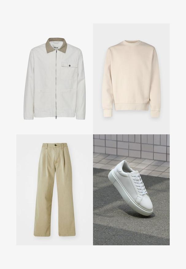 Veste beige clair avec un col tan contrastant. Elle comporte une fermeture éclair à l'avant, deux poches avant et un tissu lisse et texturé.; Sweat-shirt beige clair avec col rond, poignets et ourlet côtelés. Confectionné en tissu doux à la texture lisse. Design minimaliste, sans motifs.; Pantalons larges beiges en tissu coton, dotés d'une taille haute, de plis avant et d'une fermeture à un bouton.; Baskets en cuir blanc avec une surface lisse, bout rond et lacets plats blancs. Présentent une semelle en caoutchouc texturée et des éléments de design minimalistes.