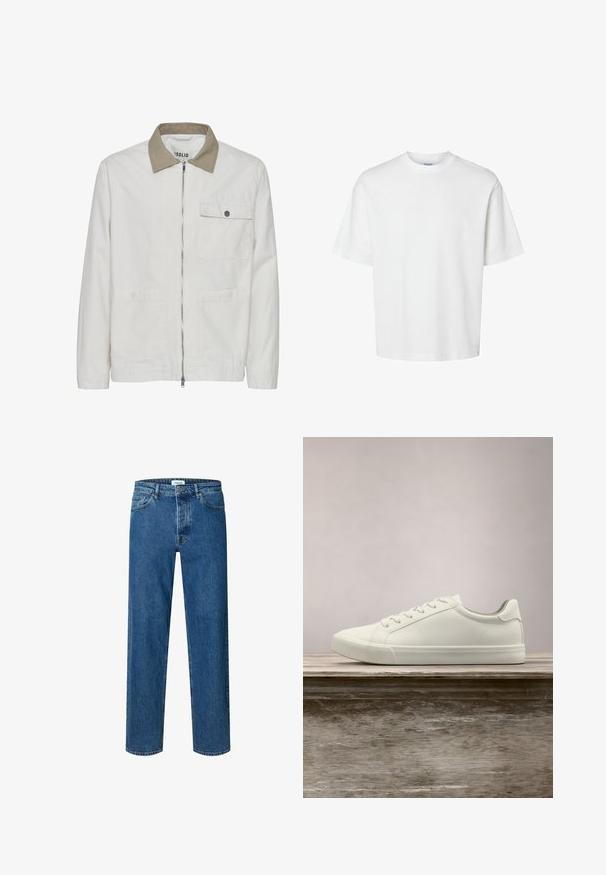 Veste beige clair avec un col tan contrastant. Elle comporte une fermeture éclair à l'avant, deux poches avant et un tissu lisse et texturé.; T-shirt blanc uni à manches courtes, col rond et coupe décontractée, présenté sur un fond blanc.; Jean droit bleu en denim avec fermeture par bouton et fermeture éclair, passants de ceinture et design cinq poches.; Sneaker en dentelle blanche flottant au-dessus d'un banc en bois avec un feuillage vert en arrière-plan, mettant en valeur le design et la texture de la chaussure.