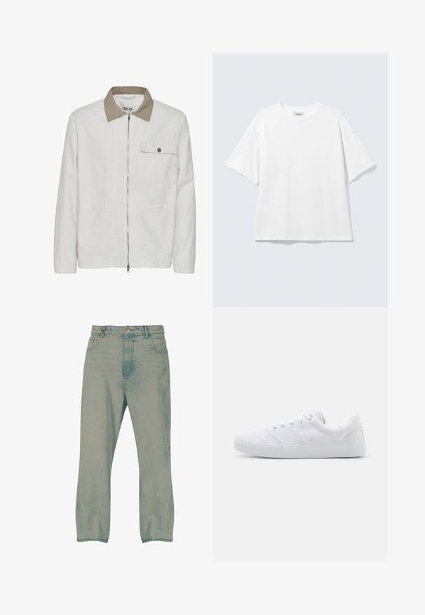 Veste beige clair avec un col tan contrastant. Elle comporte une fermeture éclair à l'avant, deux poches avant et un tissu lisse et texturé.; T-shirt blanc oversize à manches courtes, col rond, épaules tombantes, posé à plat sur fond gris clair.; Jean droit bleu clair avec bouton à l'avant, passants pour ceinture et poches avant, présenté sur un fond blanc.; Baskets en toile blanches avec une semelle en caoutchouc, dotées de six œillets, d'un embout texturé et d'un design minimaliste.