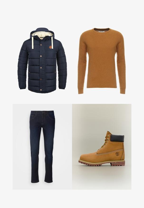 Donkerblauw geïsoleerd jack met capuchon, voorzien van crèmekleurige accenten, drukknopen en een zachte fleece voering. Gewatteerd ontwerp met zijzakken.; Mosterdgele sweater met ronde hals, lange mouwen en een getextureerd breipatroon. Geribbelde manchetten en zoom, gemaakt van zachte stof.; Donkerblauwe denim jeans met een rechte pijp, voorzien van voorzakken, een ritssluiting en subtiele stikdetails.; Bruine leren enkellaars met zwarte kraag, gele veters en een zandkleurige zool. Voorzien van een logo en witte stikseldetails. Robuuste loopzool met grip.