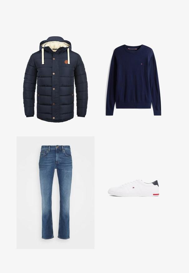 Donkerblauw geïsoleerd jack met capuchon, voorzien van crèmekleurige accenten, drukknopen en een zachte fleece voering. Gewatteerd ontwerp met zijzakken.; Donkerblauwe trui met lange mouwen en ronde hals met klein rood, wit en blauw logo op de linkerborst, geribbelde boorden en tailleband.; Rechtoe rechtaan blauwe denim jeans met voor- en achterzakken, knoopsluiting en vervaagde details op de dijen en onderbenen.; Witte lage sneakers gemaakt van glad leer. Beschikt over een marineblauwe hielkap en een rode accent op de zool. Zes oogjes voor veters.