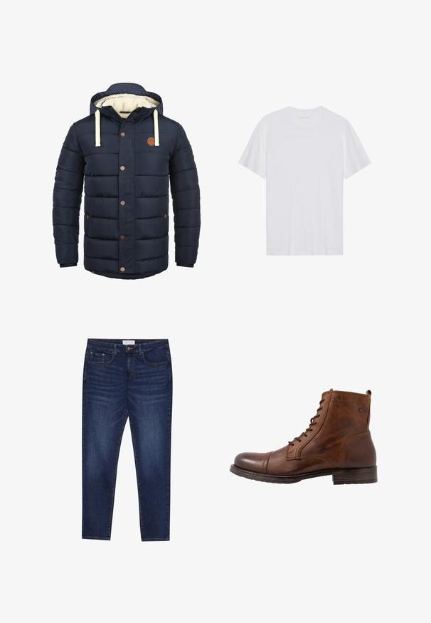 Donkerblauw geïsoleerd jack met capuchon, voorzien van crèmekleurige accenten, drukknopen en een zachte fleece voering. Gewatteerd ontwerp met zijzakken.; Witte katoenen T-shirt met korte mouwen, een ronde hals en een gladde textuur. Heeft minimale branding op de halslijn.; Donkerblauwe slim-fit jeans met vijf zakken, knoopsluiting en contrasterende stiksels, gelabeld Pier One op de tailleband.; Bruine leren enkellaars met vetersluiting, ronde neus, rubberen zool en subtiele tonale stiksels. Voorzien van een klein lusje aan de achterkant.
