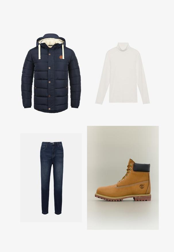 Donkerblauw geïsoleerd jack met capuchon, voorzien van crèmekleurige accenten, drukknopen en een zachte fleece voering. Gewatteerd ontwerp met zijzakken.; Langsleeve turtleneck top in het wit. Zacht, rekbaar materiaal met een aansluitende pasvorm. Heeft een hoge hals en minimale naaddetails.; Donkerblauwe denim jeans met een rechte pijp, voorzien van voorzakken en subtiele horizontale stiksels. Klassiek vijfzakken ontwerp.; Bruine leren enkellaars met zwarte kraag, gele veters en een zandkleurige zool. Voorzien van een logo en witte stikseldetails. Robuuste loopzool met grip.