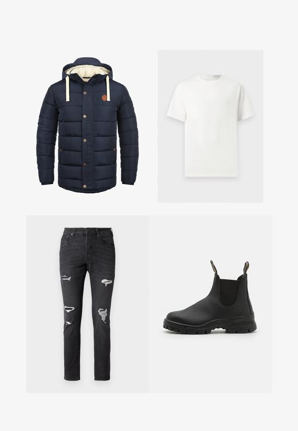 Veste matelassée bleu marine avec capuche, accents crème, boutons-pression, et doublure intérieure en polaire. Design rembourré avec poches latérales.; T-shirt blanc uni à manches courtes et col rond présenté sur un fond gris clair.; Jeans en denim noir avec une coupe ajustée, présentant plusieurs zones usées et des accents de patchwork visibles aux genoux. Design classique à cinq poches.; Bottines noires en caoutchouc lisse avec des panneaux latéraux élastiques, une semelle texturée pour une bonne adhérence et des languettes à l'arrière pour un enfiler facile.