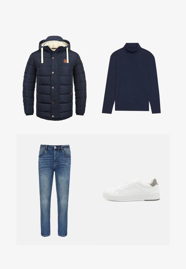 Donkerblauw geïsoleerd jack met capuchon, voorzien van crèmekleurige accenten, drukknopen en een zachte fleece voering. Gewatteerd ontwerp met zijzakken.; Marineblauwe coltrui met lange mouwen, gemaakt van zachte, rekbare stof met een aansluitend ontwerp, voorzien van een hoge kraag en zonder zichtbare patronen of hardware.; Blauwe straight-leg spijkerbroek met knoop- en ritssluiting aan de voorkant, riemlussen en voor- en achterzakken.; Witte sneaker van glad leer met een ronde neus, minimalistisch ontwerp, grijze hielaccent en een geplaatste rubberen zool.