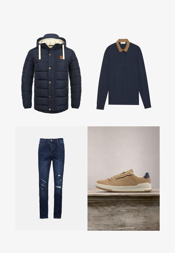 Donkerblauw geïsoleerd jack met capuchon, voorzien van crèmekleurige accenten, drukknopen en een zachte fleece voering. Gewatteerd ontwerp met zijzakken.; Navy lange mouw polo-shirt met een corduroy tan kraag. Bevat een klein rood logo op de borst, met knoopsluiting en geribde manchetten.; Donkerblauwe spijkerbroek met een slim fit, voorzien van versleten plekken en gescheurde details aan de voorkant. Klassiek vijf-pocket ontwerp, met knoopsluiting.; Beige suède sneaker met een witte rubberen zool, voorzien van beige veters, marineblauwe accenten en geperforeerde details op de toe box.