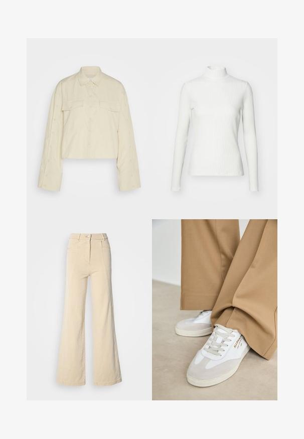 Chemise de couleur crème, en tissu léger, coupée. Elle présente un col pointu, deux poches poitrine et des détails de bouton le long des bords des manches.; Haut col roulé blanc à côtes avec des manches longues, fabriqué en tissu extensible. Présente un design ajusté et un encolure haute pour plus de couverture.; Jeans beige à jambes larges avec taille haute, poches avant, et couture contrastée, dotés d'une fermeture à bouton et d'une texture en coton lisse.; Baskets blanches avec des accents en daim, des lacets texturés et une semelle en caoutchouc. Associées à un pantalon beige ample. Logo affiché sur le côté.