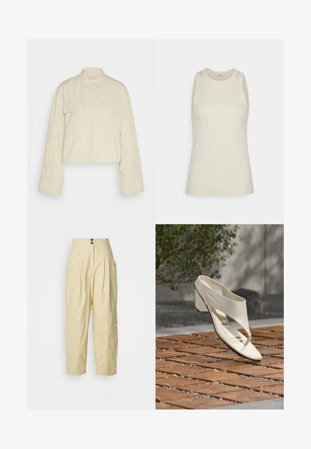 Chemise de couleur crème, en tissu léger, coupée. Elle présente un col pointu, deux poches poitrine et des détails de bouton le long des bords des manches.; IVY OAK KLARA ANN - Débardeur - almond milk; Pantalons taille haute beige en coton avec des plis, des poches latérales et deux boutons à l'avant. Coupe décontractée et forme effilée.; Sandale à talon en cuir blanc avec une large bride et un entre-doigts, exposée en extérieur sur une surface carrelée en bois et en gravier avec de la verdure en arrière-plan.