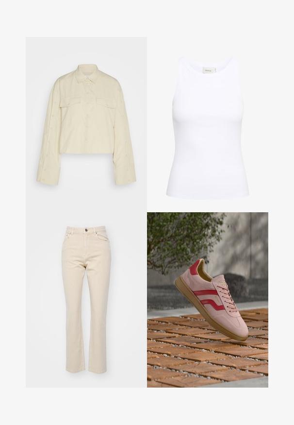 Chemise de couleur crème, en tissu léger, coupée. Elle présente un col pointu, deux poches poitrine et des détails de bouton le long des bords des manches.; Débardeur blanc côtelé avec un col rond et sans manches. Tissu extensible et design ajusté. Étiquette au dos indiquant "GESTUZ."; Jean beige à jambe droite en denim, avec une fermeture à bouton à l'avant, deux poches avant et une texture lisse.; Baskets en daim rose avec des accents rouges et un logo doré. Dotées d'un design à lacets et d'une semelle en gomme, exposées au-dessus d'une surface en bois texturée.
