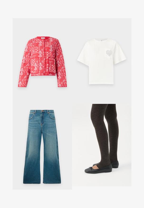 Veste matelassée rouge avec des motifs paisley et floraux blancs. Elle a un col rond, deux poches avant et une fermeture éclair.; T-shirt blanc à manches courtes en coton, avec une poche ornée d'un motif en cœur créé à partir de petits clous métalliques.; Jeans en denim bleu taille haute avec jambes larges, poches avant, fermeture à bouton et dégradé de couleur usé allant de la taille à l'ourlet.; Jambes portant des leggings côtelés foncés associés à des ballerines noires avec de petits détails en nœud sur fond blanc.