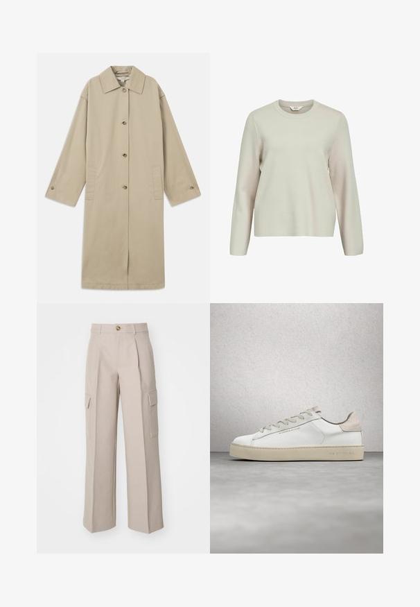 Manteau beige mi-long en mélange de coton, avec un col pointu, une fermeture à boutons, des manches longues et des poches plaquées sur les côtés.; Pull beige clair à manches longues avec un col rond. Fabriqué en maille texturée, présentant des épaules légèrement tombantes et une coupe décontractée.; Pantalons larges beiges en tissu, avec des plis avant et deux poches cargo sur les côtés. Comprend une fermeture à bouton à l'avant.; Sneaker en cuir blanc avec une finition lisse, accents en suède beige, bout arrondi, design à lacets plats et semelle en caoutchouc texturée.