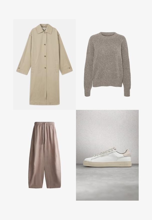 Beige knie-lange jas van katoenmix, met een puntige kraag, knoopsluiting aan de voorkant, lange mouwen en zijzakken.; Lichtgrijze gebreide trui met een ronde halslijn, lange mouwen en een subtiele textuurafwerking. Geen zichtbare patronen of accenten.; Losse, wijduitlopende beige linnenbroek met elastische tailleband en voorste trekkoord.; Witte leren sneaker met een glanzende afwerking, beige suède accenten, ronde neus, platte vetersluiting en een getextureerde rubberen zool.