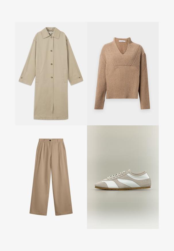 Beige kabát po kolená vyrobený z bavlnenej zmesi, s špicatým golierom, predným zapínaním na gombíky, dlhými rukávmi a bočnými náprsníkovými vreckami.; Béžový rebrovaný pletený sveter s hlbokým výstrihom do V, dlhými rukávmi a štruktúrovanou panelou na hrudi. Skračená dĺžka s voľným strihom.; Béžové nohavice s širokými nohavicami, prednými záhybmi, bočnými vreckami, pútkami na opasok a zapínaním na gombík v páse.; Nízky profil tenisky s béžovým semišovým prekrytím, bielymi koženými panelmi, béžovými šnúrkami a gumovou podrážkou, zobrazený z boku na neutrálnom pozadí.