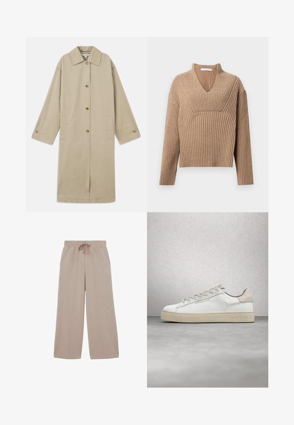 Beige knelange frakke lavet af bomuldsblanding med spids krave, knaplukning foran, lange ærmer og sidelommer.; Beige ribstrikket sweater med dyb V-udskæring, lange ærmer og en struktureret panel ved brystet. Korte længde med en afslappet pasform.; Beige bukser med vide ben, elastisk talje og snøre, med detaljer ved front-sømmen og afslappet pasform.; Hvide lædersneakers med en glat overflade, beige ruskindsdetaljer, rund tå, flad snørebåndsdesign og en struktureret gummisål.
