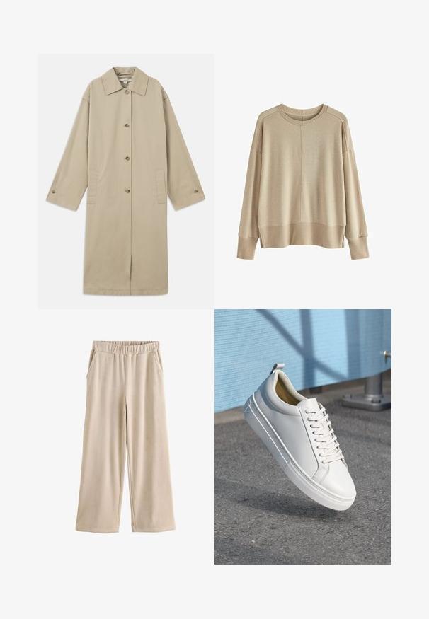 Beige kabát po kolená vyrobený z bavlnenej zmesi, s špicatým golierom, predným zapínaním na gombíky, dlhými rukávmi a bočnými náprsníkovými vreckami.; Bežový pletený sveter s voľným strihom, rebrovanými manžetami a lemom, okrúhlym výstrihom a spustenými ramenami. Mäkká textúra s minimálnymi švami.; Béžové široké kordové nohavice s elastickým pásom a bočnými vreckami, zobrazené na bielom pozadí.; Biele kožené tenisky s plochými šnúrkami, zaoblenou špičkou, gumovou podrážkou a malým pútkom na päte. Hladká textúra s minimálnymi dizajnovými detailmi.
