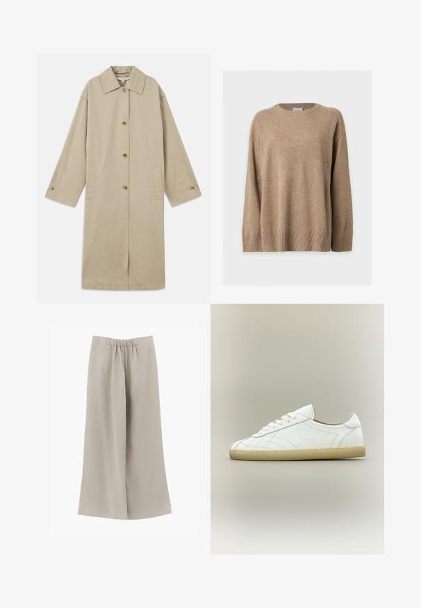 Beige knie-lange jas van katoenmix, met een puntige kraag, knoopsluiting aan de voorkant, lange mouwen en zijzakken.; Beige lange mouw gebreide trui met geribde manchetten, zoom en ronde hals, plat liggend op een witte achtergrond.; Beige broek met wijde pijpen, een elastische tailleband, een plooi aan de voorkant en een losse pasvorm, weergegeven op een effen witte achtergrond.; Witte lage leren sneaker met beige zool, vetersluiting en subtiele gestikte patronen op een neutrale achtergrond.