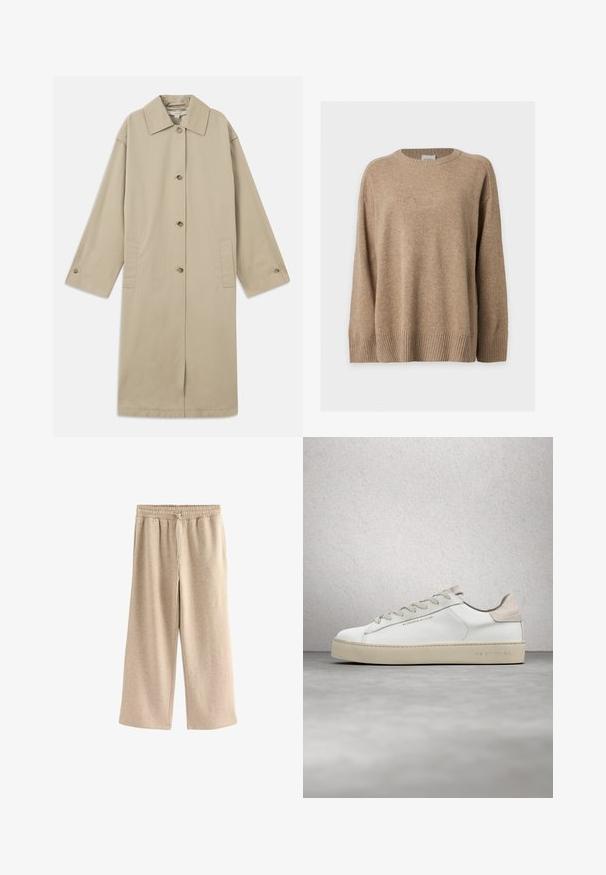 Beige kabát po kolená vyrobený z bavlnenej zmesi, s špicatým golierom, predným zapínaním na gombíky, dlhými rukávmi a bočnými náprsníkovými vreckami.; Béžový pletený sveter s dlhými rukávmi, so žebrovanými manžetami, lemem a okrúhlym výstrihom, zobrazený na ploche na bielom pozadí.; Kremové nohavice s širokými nohavicami vyrobené z mäkkej zmesi bavlny. Majú elastický pás so šnúrkou a jemnú škvrnitú textúru.; Biele kožené tenisky s hladkým povrchom, béžové sametové akcenty, okrúly špička, plochý dizajn na šnurovanie a štruktúrovaná gumová podrážka.